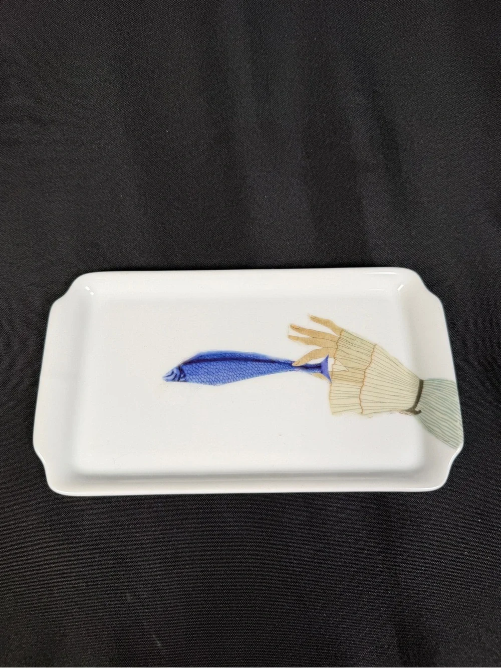 White Porcelain Serving Tray with Blue Fish Accent